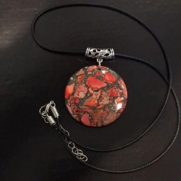 M Orange Grey Jasper Pyrite Pendant on Waxed Necklace w/ Lobster Claw Clasp - Picture 3 of 9